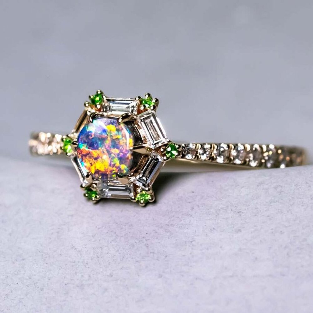 The One - Black Opal, Baguette Cut Diamond, Tsavorite Engagement Ring 14K Gold